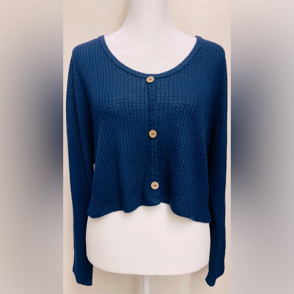 Caution to the Wind Waffle Knit L/S Crop, Navy, Large